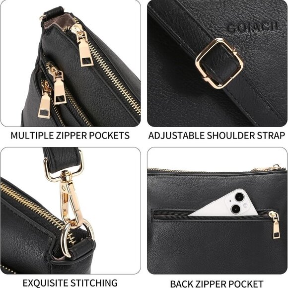 Elegant Vegan Leather Crossbody Bag for Women - Multi Pocket Satchel Purse - Picture 4 of 6